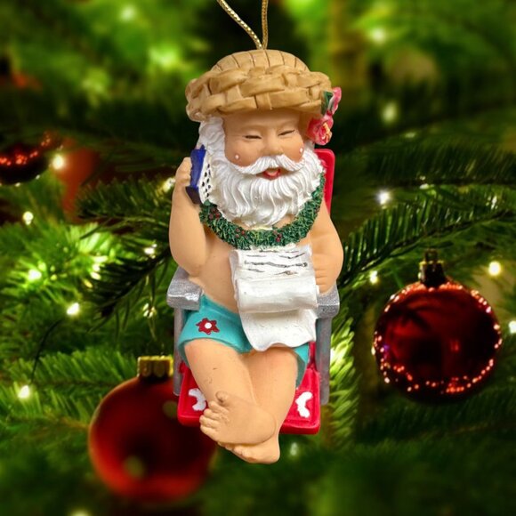 Island Heritage Hawaiian “Working Santa” Christmas Ornament Hand Painted Resin - Picture 2 of 12